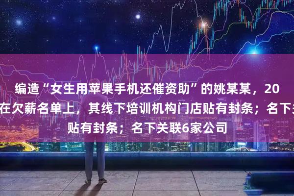 编造“女生用苹果手机还催资助”的姚某某，2022年曾出现在欠薪名单上，其线下培训机构门店贴有封条；名下关联6家公司